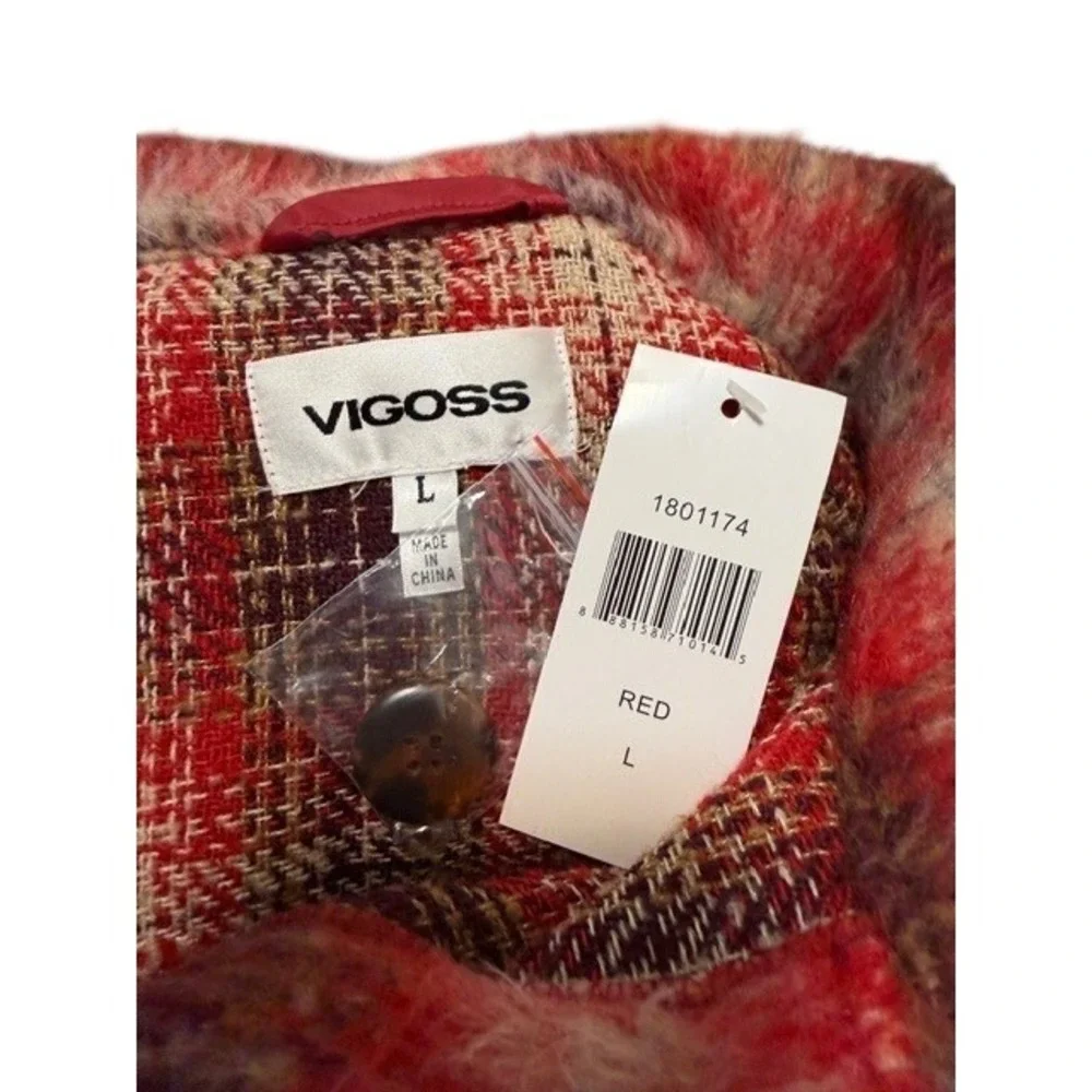 Vigoss Womens L Plaid Shacket Red Purple Fuzzy Cropped‎ Button Front Jacket NWT